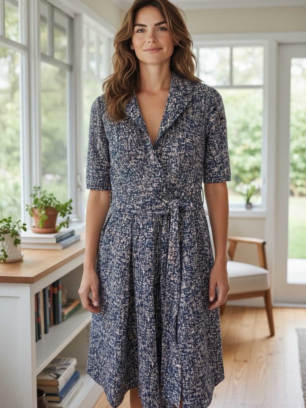 eShakti Navy, Cream & Coral Abstract Print Dress size 14